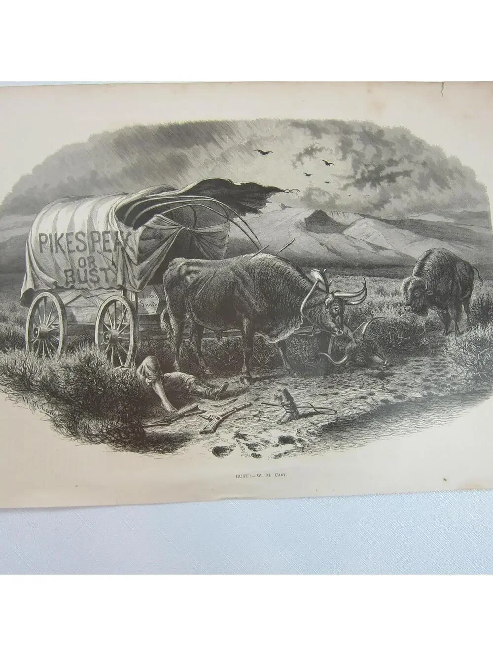 Antique 1873 Engraving Print Pikes Peak or BUST! W.M. Cary Wagon Indian Attack